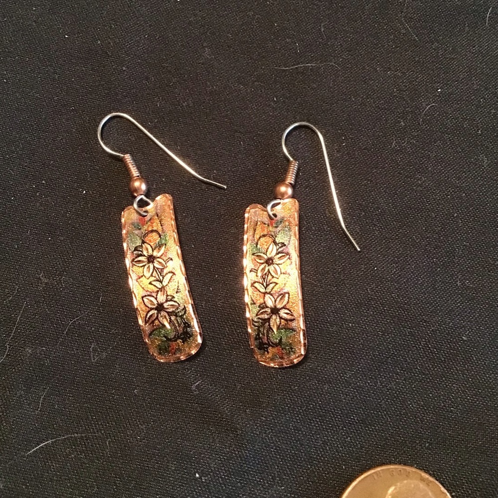 CEA COPPER EARRINGS ETCHED FLOWERS EUC